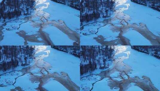 航拍早春残雪消融的河流高清在线视频素材下载