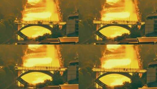 夕阳黄昏城市建筑小桥河流高清在线视频素材下载
