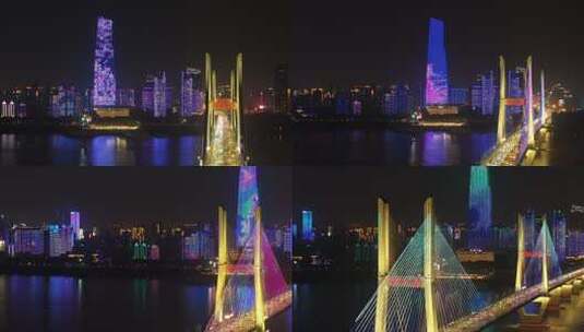 武汉长江二桥夜景灯光秀长焦航拍高清在线视频素材下载