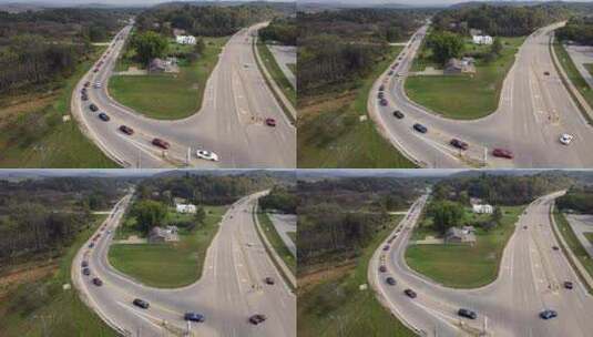 威斯康星州西部乡村公路转向高速公路上克尔维特汽车之旅的鸟瞰图。高清在线视频素材下载