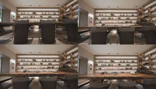 茶室内长条原木桌子高清在线视频素材下载