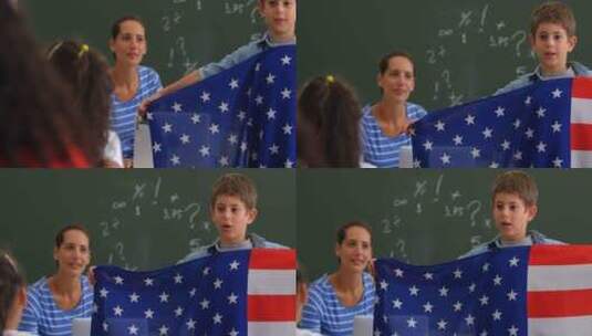 男生在教室里解释国旗高清在线视频素材下载