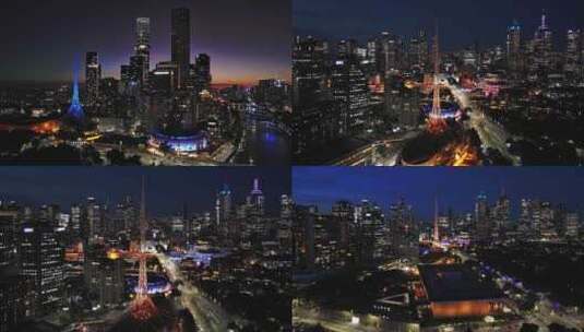 航拍澳大利亚墨尔本摩天大楼夜景汽车灯光高清在线视频素材下载