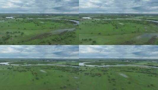 航拍夏季海拉尔河湿地晨景高清在线视频素材下载