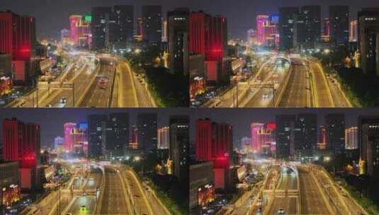 航拍五彩世界扬州西区快速路华城科技夜景高清在线视频素材下载
