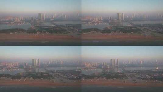 山东日照城市清晨迷雾航拍高清在线视频素材下载