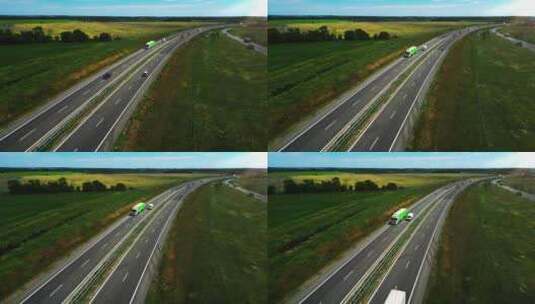 公路上拖车上带有绿屏和跟踪标记的卡车天线高清在线视频素材下载