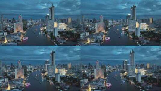 泰国航拍曼谷湄南河CBD城市高楼繁华夜景高清在线视频素材下载