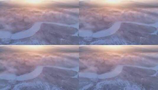 冻雾迷漫的林海雪原阳光冰河航拍高清在线视频素材下载