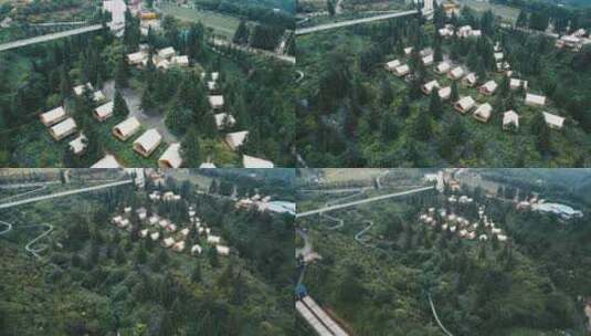 森林大山里露营帐篷群俯视航拍高清在线视频素材下载