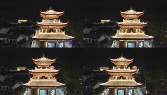 广东潮州古城下水门城楼夜景灯光航拍高清在线视频素材下载