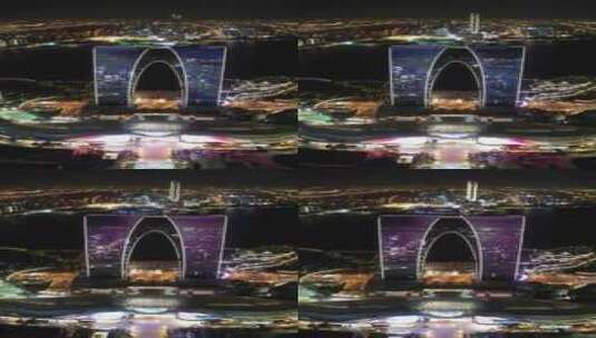 竖版航拍江苏苏州东方之门夜景灯光高清在线视频素材下载