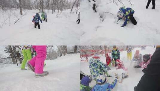 4K东北黑龙江冰雪村画廊森林小朋友打雪仗高清在线视频素材下载