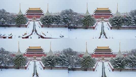 雪中的中式古建筑鸟瞰全景高清在线视频素材下载