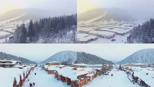 中国雪乡雪景俯瞰，木屋红灯笼覆盖白雪高清在线视频素材下载