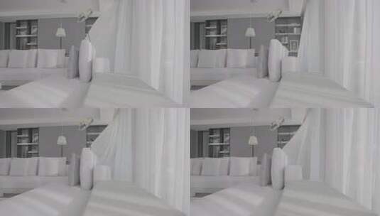 白灰色系客厅家居设计风格微风吹动纱质窗帘高清在线视频素材下载