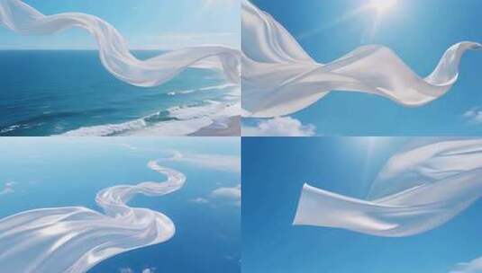 蓝天下飘扬的白色绸带高清在线视频素材下载