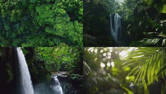 热带雨林森林中的瀑布自然景观高清在线视频素材下载