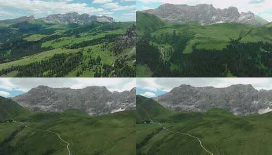 航拍森林高山山脉树林小路山谷山路蓝天白云高清在线视频素材下载