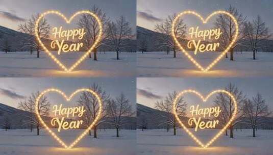 雪地中的心形新年祝福灯光高清在线视频素材下载