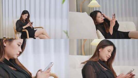 女子沙发上躺卧看手机画面高清在线视频素材下载