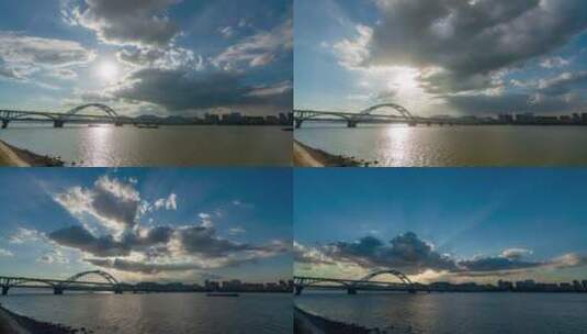 城市大桥江面日落高清在线视频素材下载
