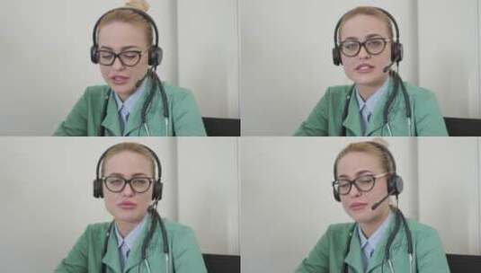 女医生使用耳机和人交谈高清在线视频素材下载