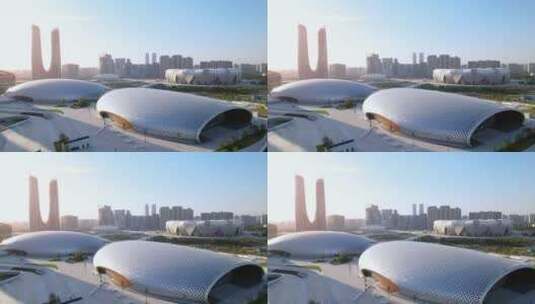 航拍杭州奥体新城现代地标性建筑高清在线视频素材下载