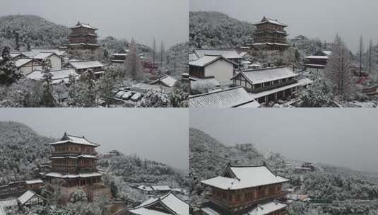 航拍杭州径山寺中式古建筑寺庙山顶森林雪景高清在线视频素材下载