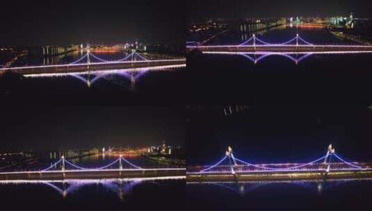 灯火辉煌的长沙夜景-三汊矶大桥航拍高清在线视频素材下载