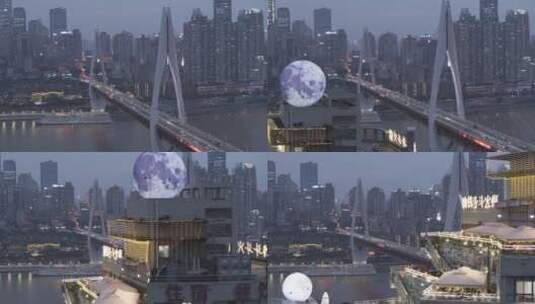 重庆夜晚江景轮船大桥航拍高清在线视频素材下载