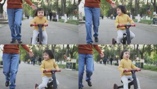 小女孩在公园骑车妈妈在后面追玩游戏高清在线视频素材下载