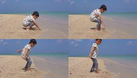 小男孩海边沙滩玩沙打招呼高清在线视频素材下载