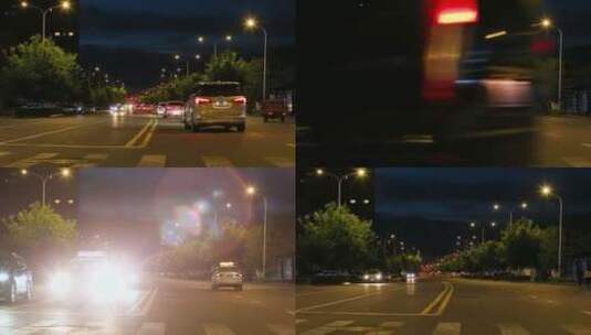 城市街道交通岗路口夜晚车流出租车高清在线视频素材下载