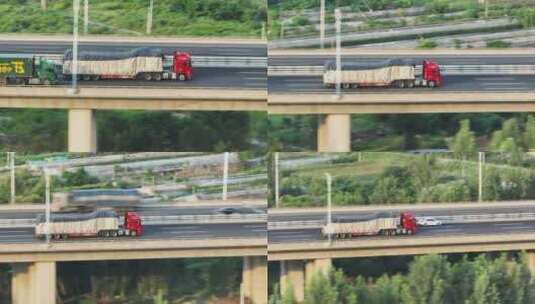 航拍高速上行驶的货车高清在线视频素材下载