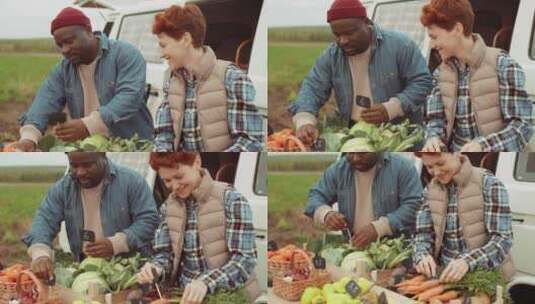 农民夫妇农田里摆摊卖蔬菜高清在线视频素材下载