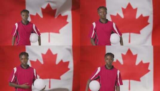 加拿大国旗前抱着足球的男人高清在线视频素材下载