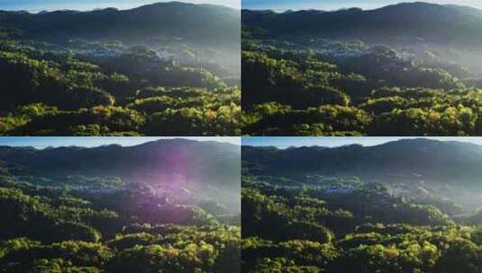 日出阳光照耀下的森林和村庄高清在线视频素材下载
