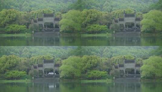 春天杭州乌龟潭阴雨天古建筑植物绿色自然高清在线视频素材下载