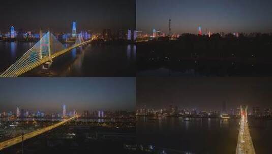 武汉长江二桥夜景灯光秀航拍高清在线视频素材下载