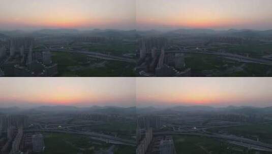 航拍杭州麦岭沙立交桥日落高清在线视频素材下载