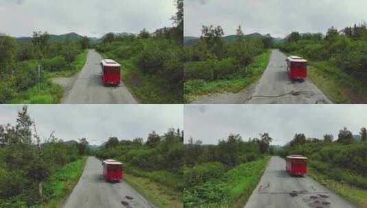 红色手推车在阿拉斯加茂盛植被环绕的道路上行驶-跟踪高清在线视频素材下载