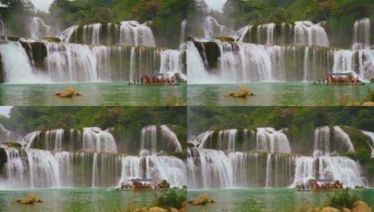全景班吉奥瀑布在越南与游客船高清在线视频素材下载