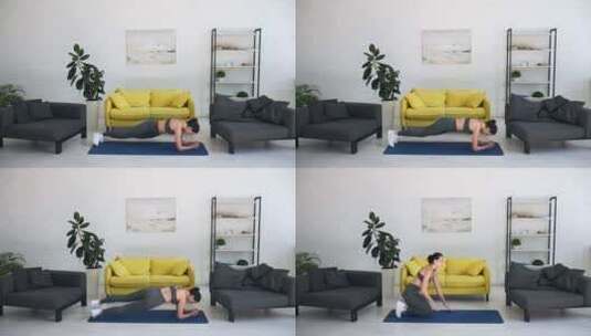 美丽的年轻女子在房间的地毯上为腹部做运动高清在线视频素材下载
