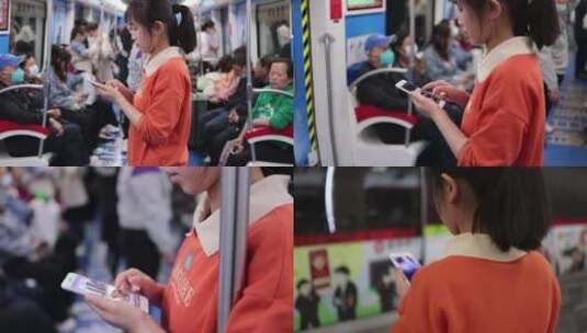 年轻女性在地铁看手机刷短视频高清在线视频素材下载