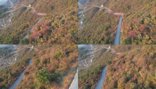 秋天山峰秋意盎然公路风景航拍视频高清在线视频素材下载