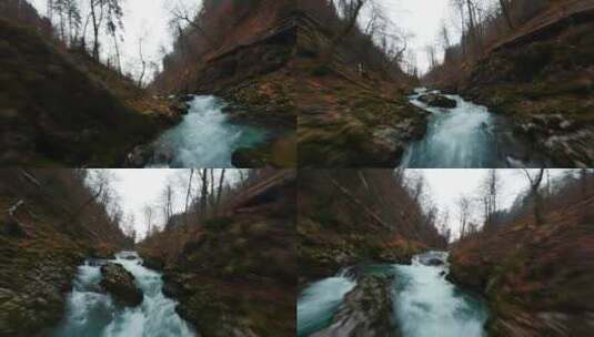 FPV航拍山间小溪溪流瀑布山间高清在线视频素材下载