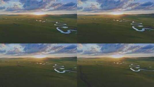 航拍呼伦贝尔草原莫日格勒河晚霞美景高清在线视频素材下载