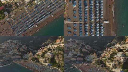 意大利阿马尔菲海岸波西塔诺小镇海滩遮阳伞高清在线视频素材下载