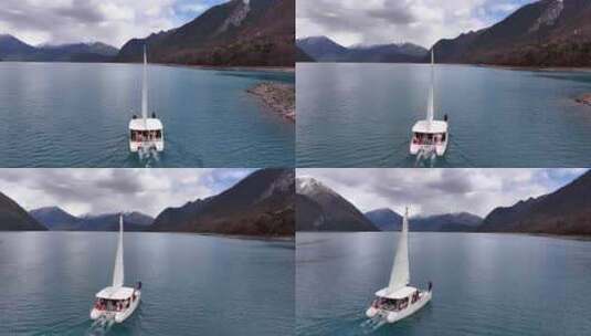 4K航拍西藏林芝巴松措帆船1高清在线视频素材下载